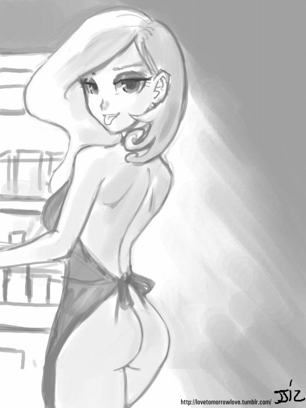 :p anthro apron ass black_and_white butt clothing cooking curly_hair cute ear_piercing earring eyeshadow female fleur_de_lis fleur_de_lis_(mlp) friendship_is_magic hair hair_behind_ear john_joseco kitchen long_hair looking_back makeup monochrome my_little_pony naked_apron nude piercing refrigerator smile solo tongue tongue_out wife