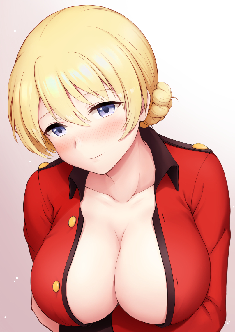 1girl arm_under_breasts blonde_hair blue_eyes blush braid breast_hold breasts chacharan cleavage darjeeling epaulettes french_braid girls_und_panzer jacket large_breasts long_sleeves military_uniform open_clothes red_jacket school_uniform short_hair smile st._gloriana's_military_uniform upper_body