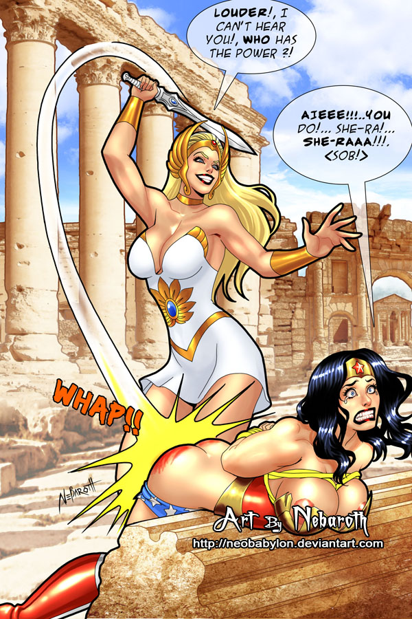armpit ass badass big_breasts blood bondage breasts cleavage crossover crying dc femdom hair lipstick masters_of_the_universe muscle nebaroth_(artist) neobabylon nipples she-ra she-ra_princess_of_power spanking sword weapon wonder_woman you_gonna_get_raped