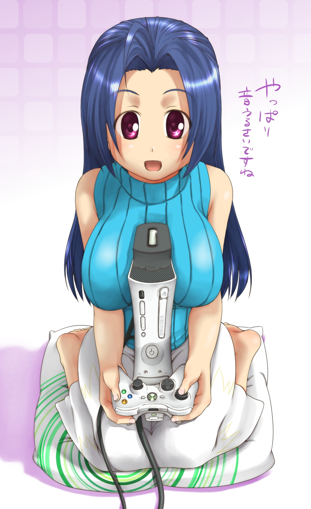1girl ahoge barefoot between_breasts big_breasts blue_hair blushing breasts female girls_playing_games high_res highres idolmaster large_breasts long_hair miura_azusa playing_games purple_eyes sexually_suggestive skirt solo text the_idolm@ster translated ttomm video_game xbox360 xbox_360