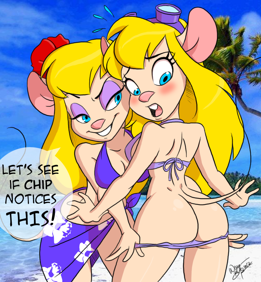 2_girls 2girls aeolus aeolus06 ass assisted_exposure beach bikini bikini_pull blonde_hair blue_eyes blush bottomless breasts bubble_butt buckteeth chip_'n_dale_rescue_rangers cleavage dialogue disney embarrassed embarrassing english_text eyewear female floral_print flower funny furry gadget_hackwrench goggles hair lahwhinie long_hair looking_back makeup mouse multiple_girls ocean open_mouth pink_nose prank rodent seaside skimpy smile surprise tail text thighs undressing water wide_hips yuri