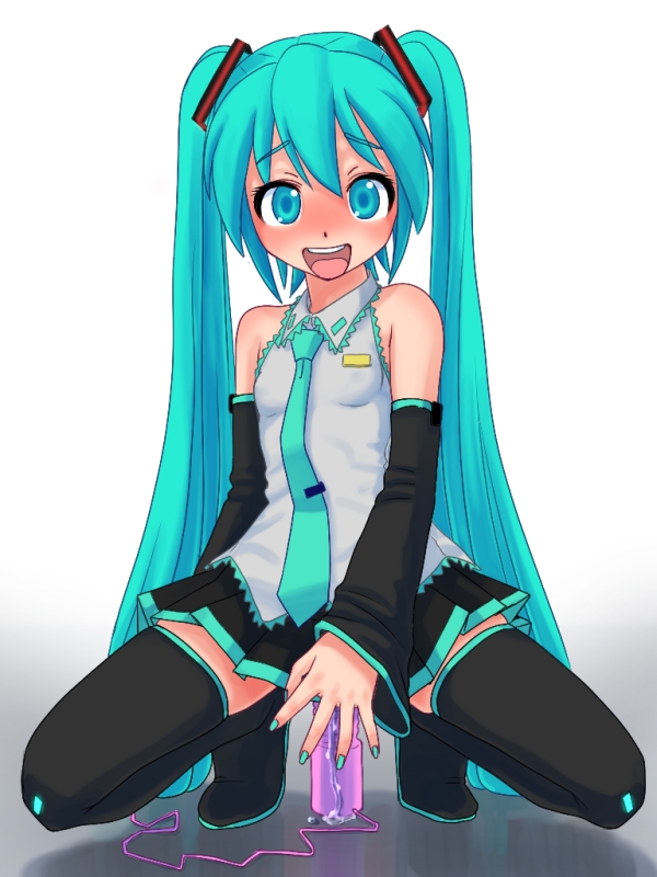 1girl aqua_eyes aqua_hair blush boots clothed_masturbation covering covering_crotch detached_sleeves dildo dildo_sitting female hatsune_miku long_hair masturbation miku_hatsune nail_polish necktie o-minato open_mouth pussy_juice skirt solo squatting thigh_boots thighhighs twin_tails very_long_hair vibrator vocaloid zettai_ryouiki