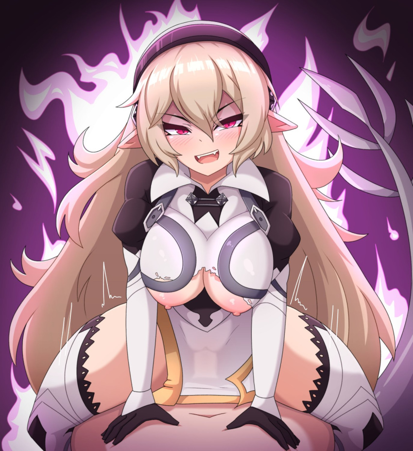 1boy 1boy1girl 1girl 2023 bare_thighs blonde_hair blush breasts clothed_female_nude_male corrin_(fire_emblem) corrin_(fire_emblem)_(female) corruption fangs female_focus fire_emblem fire_emblem_fates fire_emblem_heroes girl_on_top gloves hairband implied_sex inner_thighs looking_at_viewer male male/female male_pov navel nintendo nipples open_mouth penis_under_clothes pointy_ears pov red_eyes sex solo_focus stockings straddling thighs torn_clothes vadaboob very_long_hair