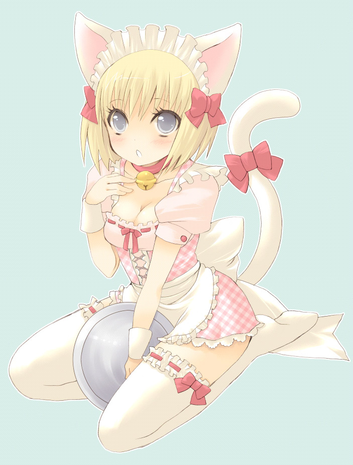 1girl :o animal_ears bell bell_collar blonde_hair breasts clare_(claymore) claymore cleavage collar collar_bell frills hair_ribbon hair_ribbons kneel kneeling maid pocopoco ribbon ribbons short_hair silver_eyes solo stockings tail tail_ribbon thigh-highs thighhighs