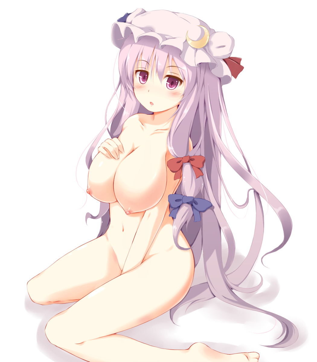 1girl barefoot between_legs big_breasts blush breasts brown_hair crescent double_bun fal_maro female groin hair_bun hair_ribbon hand_between_legs hand_on_own_chest hand_to_chest hat high_res highres large_breasts long_hair mound_of_venus navel nipples nude open_mouth patchouli_knowledge purple_eyes purple_hair ribbon sitting solo touhou very_long_hair