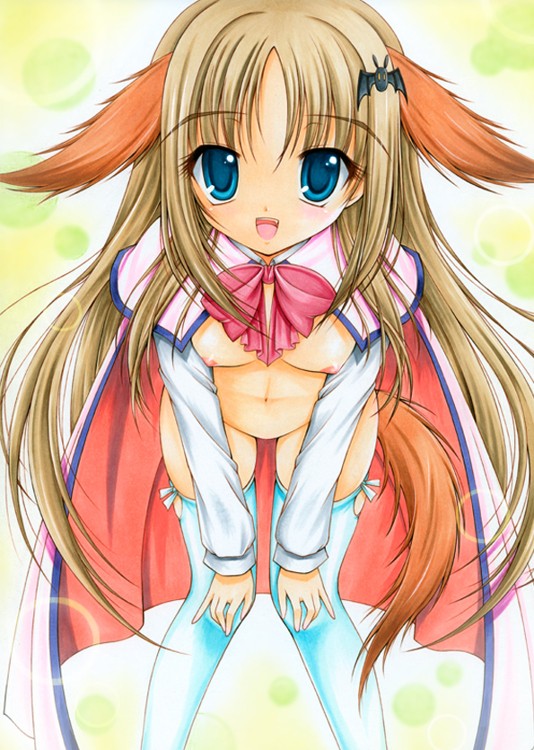 1girl animal_ears blonde_hair blue_eyes bow breasts cape leaning_forward little_busters little_busters! long_hair mizuki_chika navel nipples noumi_kudryavka pink_bow solo stockings tail thighhighs