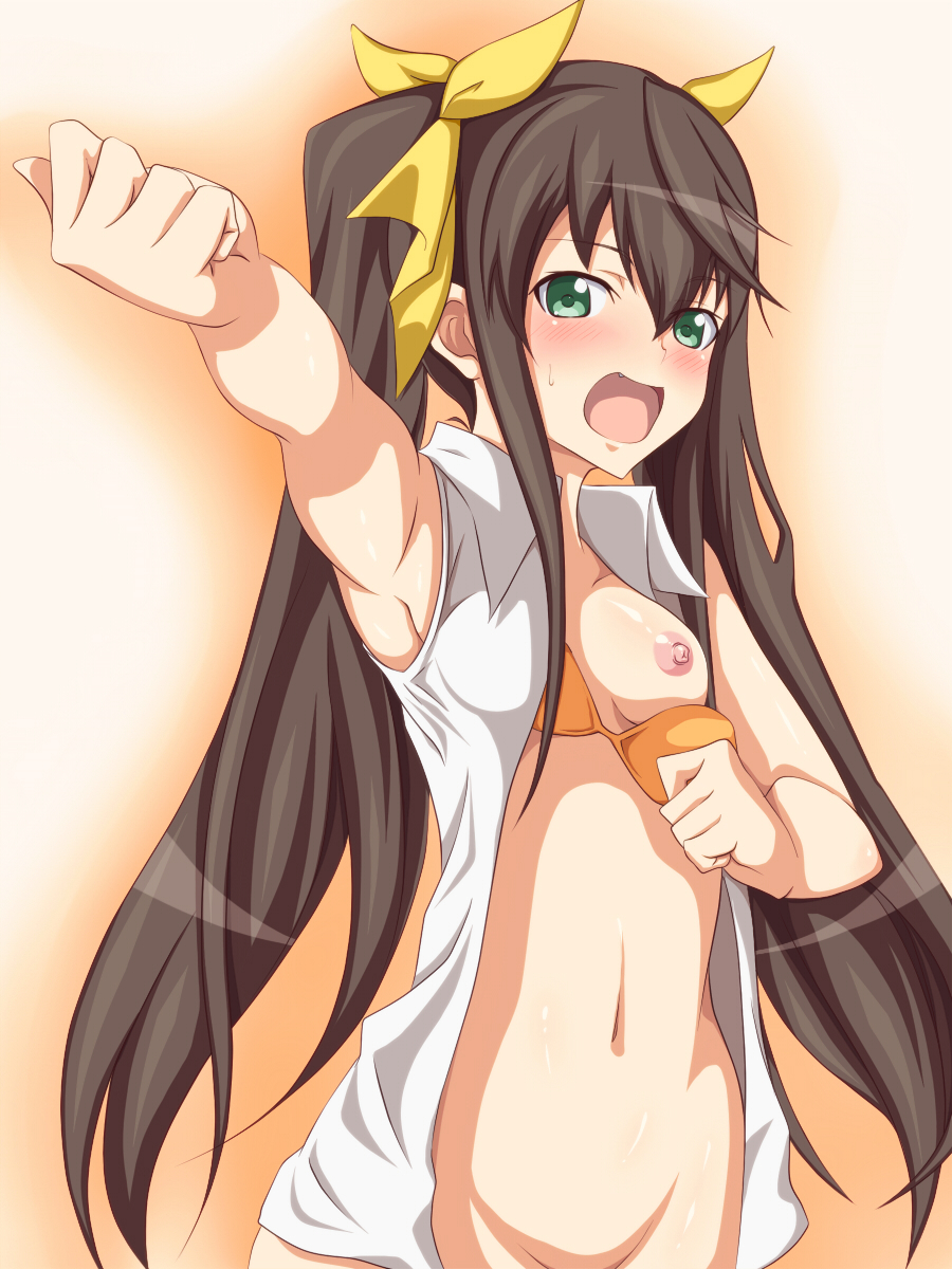blush bottomless bra breasts brown_hair fang_lin_yin huang_lingyin infinite_stratos long_hair navel nipples open_clothes open_mouth orange_bra solo twin_tails