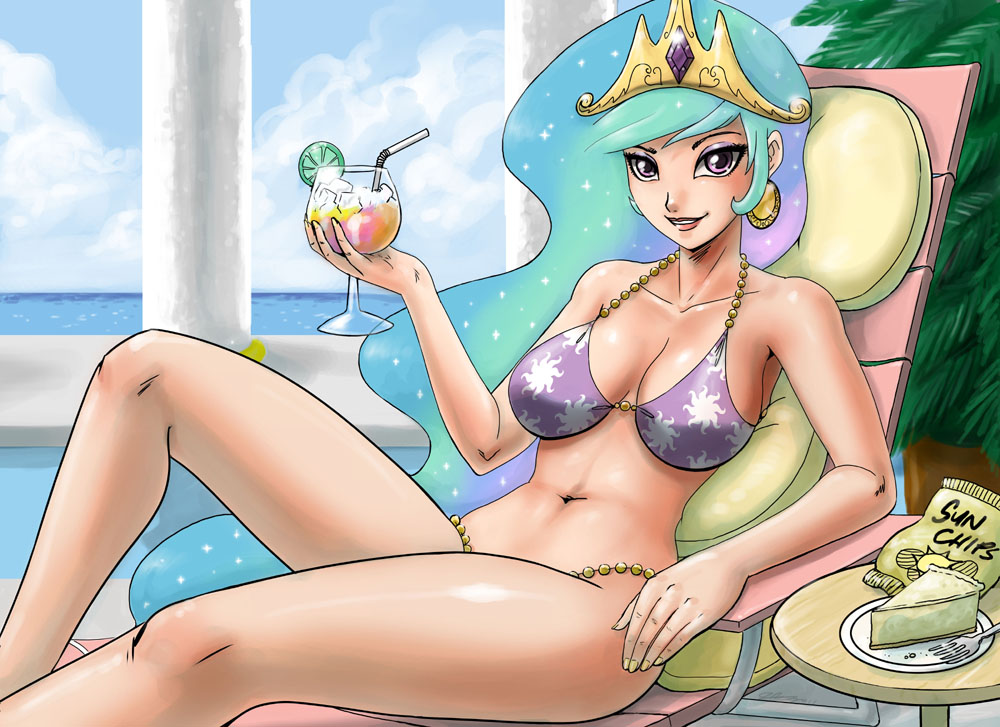 big_breasts bikini breasts cake_(food) crown drink ear_piercing english_text female food friendship_is_magic hair human humanized john_joseco looking_at_viewer multicolored_hair my_little_pony navel not_furry outside piercing pink_eyes potato_chips princess_celestia princess_celestia_(mlp) sea skimpy slice_of_cake swimsuit text tight_clothing water