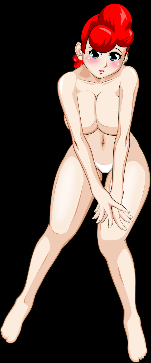 1girl aki aki_(ape_escape) akie_(saru_getchu) ape_escape bare_legs barefoot blue_eyes blush breasts cameltoe convenient_censoring feet female flying_tree_frog highres huge_breasts leaning_forward looking_at_viewer milf navel open_mouth panties pov_eye_contact red_hair saru_getchu short_hair solo standing topless underwear white_panties