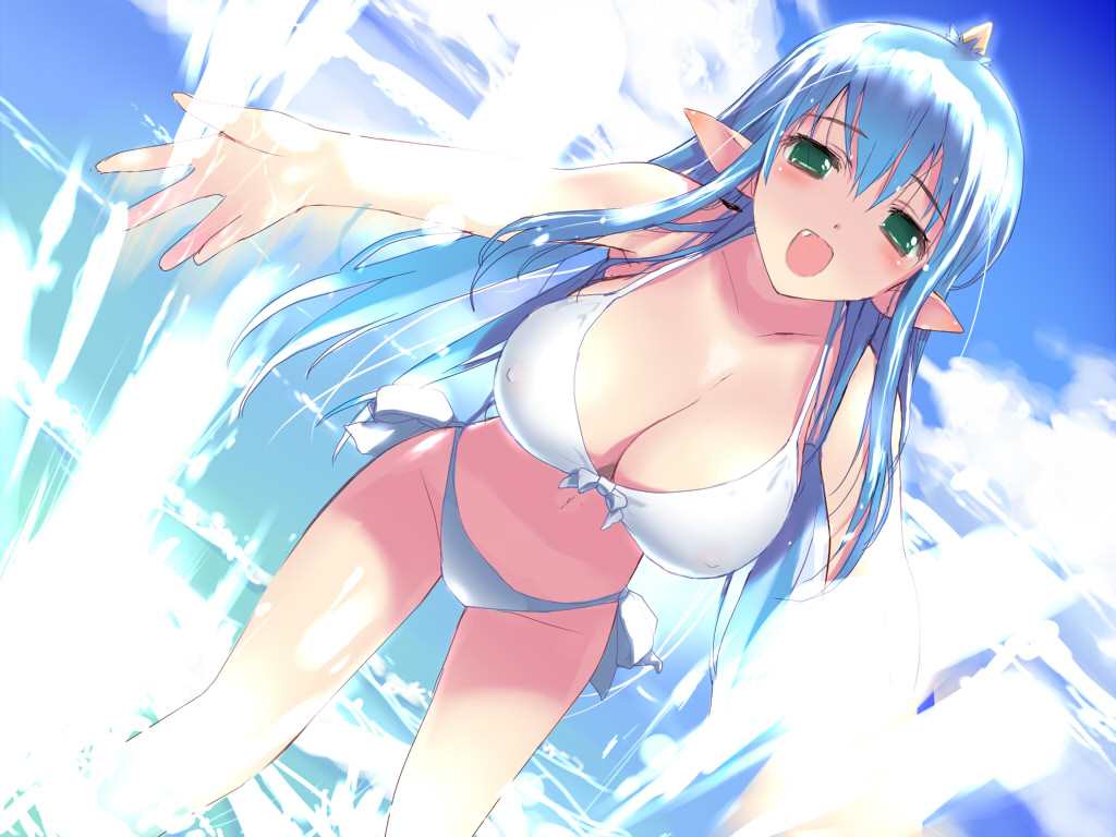 1girl :d armpits bangs big_breasts bikini blue_hair blush breasts cleavage cloud dutch_angle elf erect_nipples fang front-tie_top green_eyes hair hair_between_eyes hima horn horns hudson_soft huge_breasts large_breasts long_hair looking_at_viewer momotarou_densetsu navel oni open_mouth outdoors outstretched_arms pointy_ears side-tie_bikini sidelocks sky smile solo splashing standing swimsuit wading water white_bikini white_swimsuit yasha