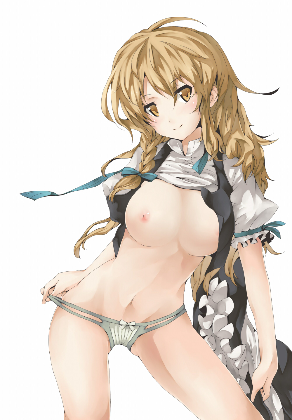 1girl arutoria big_breasts blonde_hair braid breasts female hat hat_removed headwear_removed high_res highres holding holding_hat kirisame_marisa large_breasts looking_at_viewer marisa_kirisame nipples no_bra no_pants panties seductive_smile shirt_lift short_hair simple_background smile solo source_request touhou underwear white_background witch_hat yellow_eyes