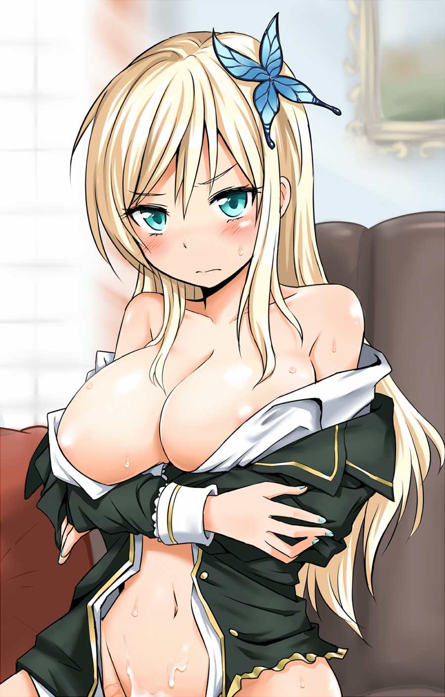 1girl after_sex aftersex aqua_eyes bare_shoulders big_breasts blonde_hair blush boku_wa_tomodachi_ga_sukunai breasts butterfly cleavage cum cum_on_body cum_on_lower_body embarrassed hair_ornament high_res highres kashiwazaki_sena large_breasts long_hair navel out-of-frame_censoring school_uniform solo zaxwu