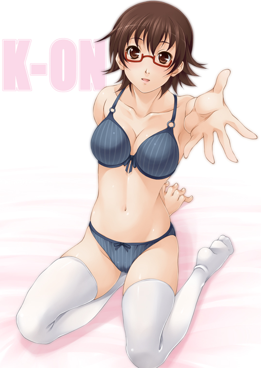 1girl arm_support blue_bra blue_panties bow bow_bra bra breasts brown_eyes brown_hair cleavage colorful314 foreshortening glasses half_rim_glasses hands k-on! kneel large_breasts legwear lingerie looking_at_viewer manabe_nodoka mukunokino_isshiki navel no_shoes nodoka_nmnabe o-ring_top outstretched_arm outstretched_hand panties parted_lips reaching red-framed_glasses semi-rimless_glasses shiny shiny_skin short_hair sitting skindentation smile solo stockings thigh-highs thighhighs under-rim_glasses underwear underwear_only white_legwear white_thighhighs