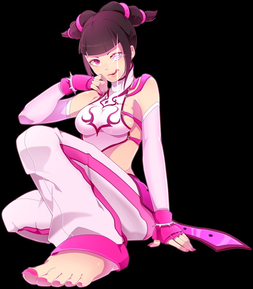 1girl :d alternate_color baggy_pants bare_shoulders barefoot belt black_hair bracelet breasts capcom detached_sleeves drill_hair feet fingerless_gloves full_body gloves glowing glowing_eye glowing_eyes hair_ornament halter_top halterneck hasumi_shizuko highres jewelry juri_han licking_lips midriff nail_polish naughty_face navel open_mouth pants pointy_hair purple_eyes short_hair short_twintails sideboob simple_background sitting smile solo spiked_bracelet spikes street_fighter street_fighter_iv street_fighter_iv_(series) super_street_fighter_iv tank_top toenail_polish toes tongue tongue_out transparent_background twin_drills twintails white_background