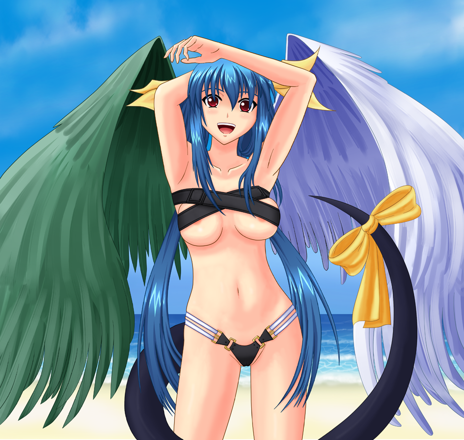 1girl arc_system_works areola areolae asymmetrical_wings beach bikini blue_hair blush breasts dizzy guilty_gear hair_ribbon long_hair ocean open_mouth red_eyes ribbon smile solo swimsuit tail tail_ribbon twin_tails twintails uizu underboob water wings wiz_(shadow)