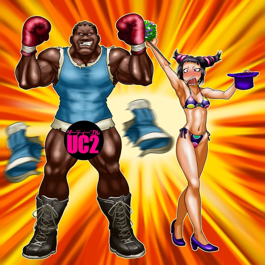 1boy 1girl 90s armpits asian balrog_(street_fighter) bikini blush boots boro bottomless boxing_gloves breasts capcom censored cross-laced_footwear dark-skinned_male dark_skin drill_hair grin hat hat_removed headwear_removed high_heels highleg highleg_bikini highleg_swimsuit juri_han lace-up_boots missing_tooth muscle parody pointy_hair red_eyes shoes short_twintails shorts side-tie_bikini smile street_fighter street_fighter_ii street_fighter_iv super_street_fighter_iv surprised swimsuit toned top_hat torn_clothes twin_drills twintails wardrobe_malfunction