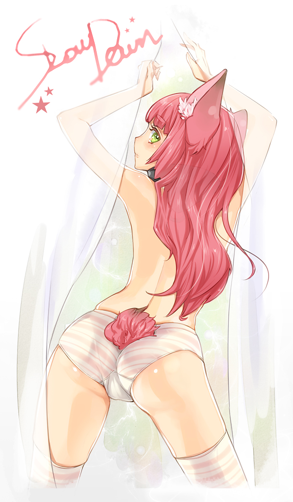 1girl animal_ears ass back boyshorts dog_ears green_eyes hitowa long_hair looking_back original panties red_hair see-through solo stockings striped striped_panties tail thighhighs topless trefoil underwear underwear_only