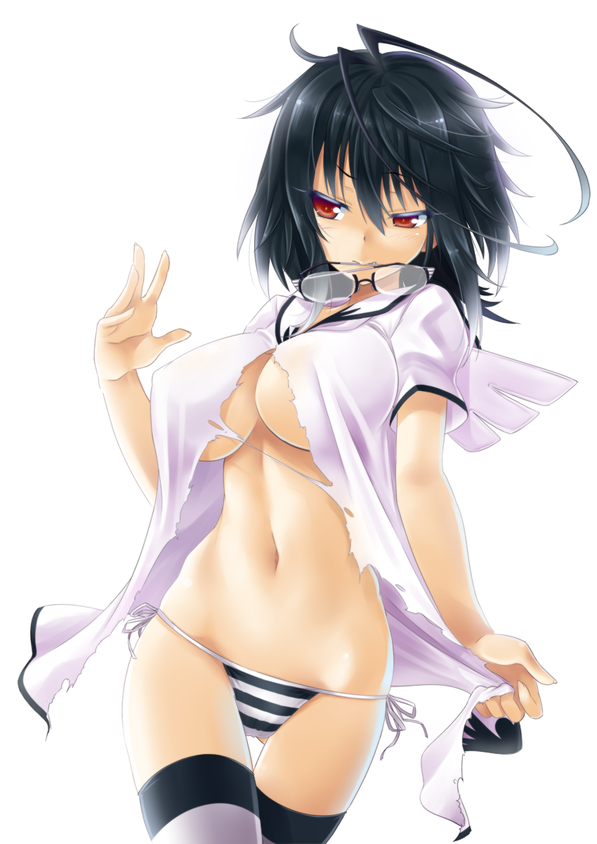 1girl angel_wings arm_up big_breasts black_hair breasts colored_eyelashes glasses glasses_removed high_res highres hip_bones large_breasts legwear mini_wings mouth_hold navel no_bra no_pants okitakung original panties red_eyes shirt short_hair side-tie_panties simple_background small_wings solo stockings striped striped_legwear striped_panties thigh_gap thighhighs torn_clothes torn_shirt underboob underwear white_background wings