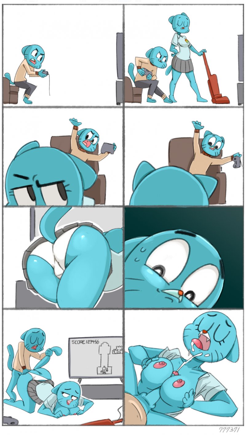 ass ass_focus bend_over breasts_together cleaning cumshot_in_mouth doggy_position gumball_watterson incest legs_crossed living_room mother_&amp;_son mouth_open nicole_watterson paizuri panties_aside pink_nipples sex skirt surprised sweatdrop tail_pull teasing the_amazing_world_of_gumball tv vacuum_cleaner video_games white_panties