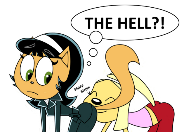 anthro bent_over black_hair blonde_hair brandy_and_mr._whiskers brandy_harrington cat closed_eyes crossover disney dog feline funny furry green_eyes hairband kitty_katswell looking_back t.u.f.f._puppy white_background