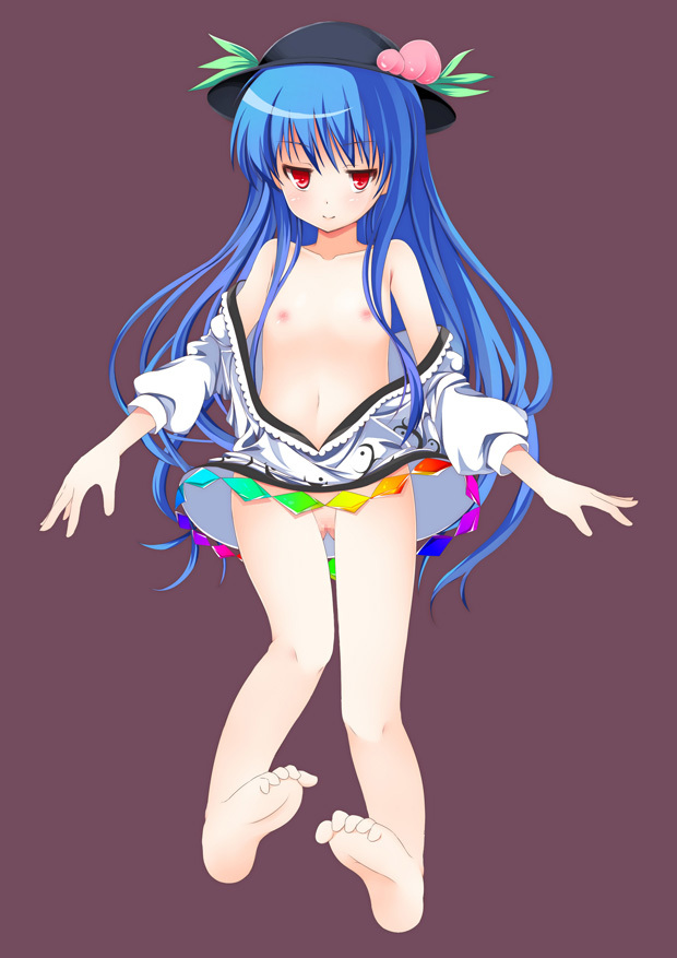 1girl barefoot blue_hair censored collarbone feet female flat_chest food fruit hat hinanawi_tenshi long_hair no_bra no_panties open_clothes open_shirt peach pussy red_eyes shirt small_breasts soles solo toes touhou yako