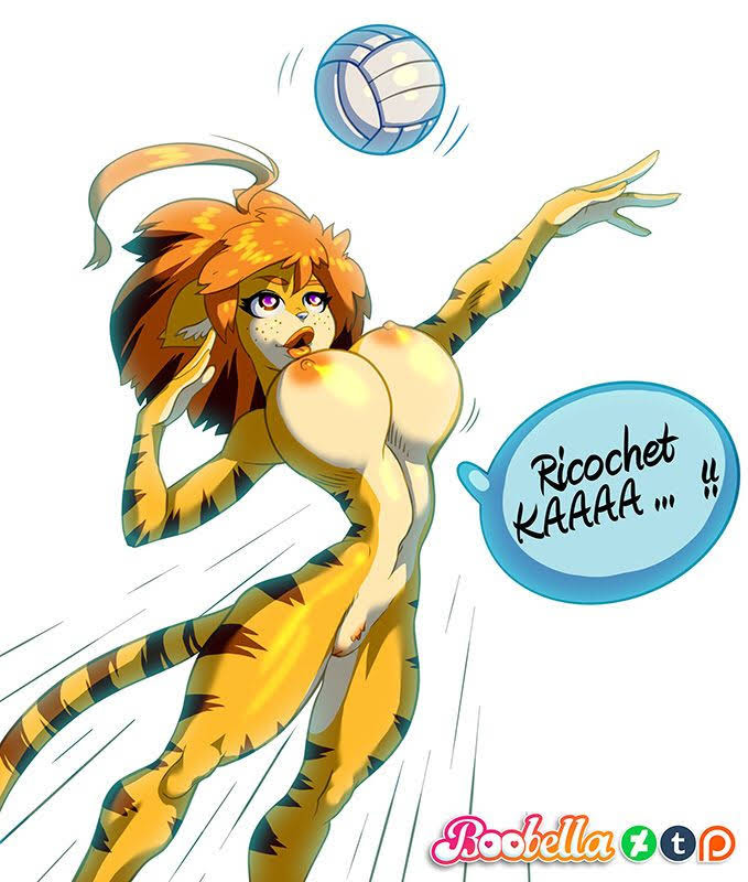 boobella_(artist) breasts freckles tiger volleyball_(ball) vulva