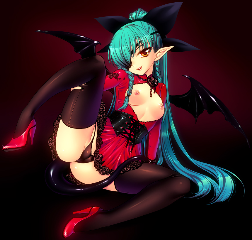 aqua_hair areola areolae ass back-seamed_legwear bat_wings black_legwear black_panties bow braid breastless_clothes breasts cameltoe corset demon_girl demon_tail demon_wings dress eyepatch female g-string green_hair high_heels lace lace-trimmed_skirt leg_lift legs long_hair long_legs looking_at_viewer mada_(mk333) nipples open_clothes original original_character panties pointy_ears red_dress red_shoes red_skirt seamed_legwear shoes skirt small_breasts smile solo spread_legs stockings succubus tail thighhighs thighs thong underwear very_long_hair wings yellow_eyes