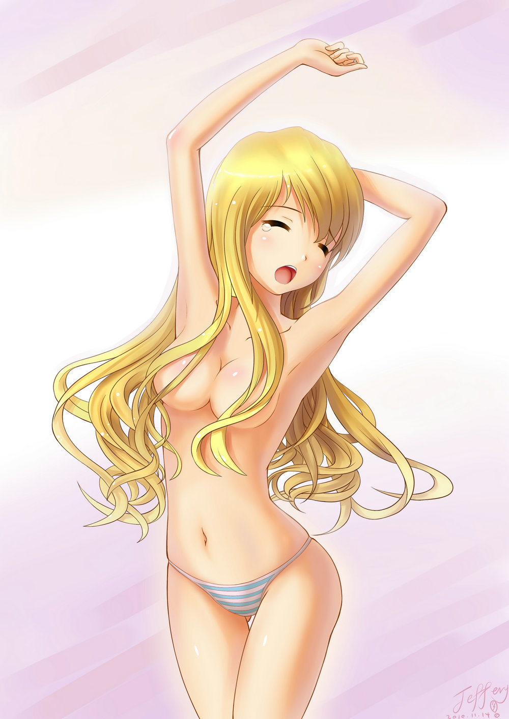 1girl armpits blonde_hair breasts censor_hair censored closed_eyes convenient_censoring hair hair_censor hair_over_breasts highres jeffery_(backam) long_hair navel open_mouth original panties solo stretch striped striped_panties tears thigh_gap thighs topless underwear wavy_hair yawning