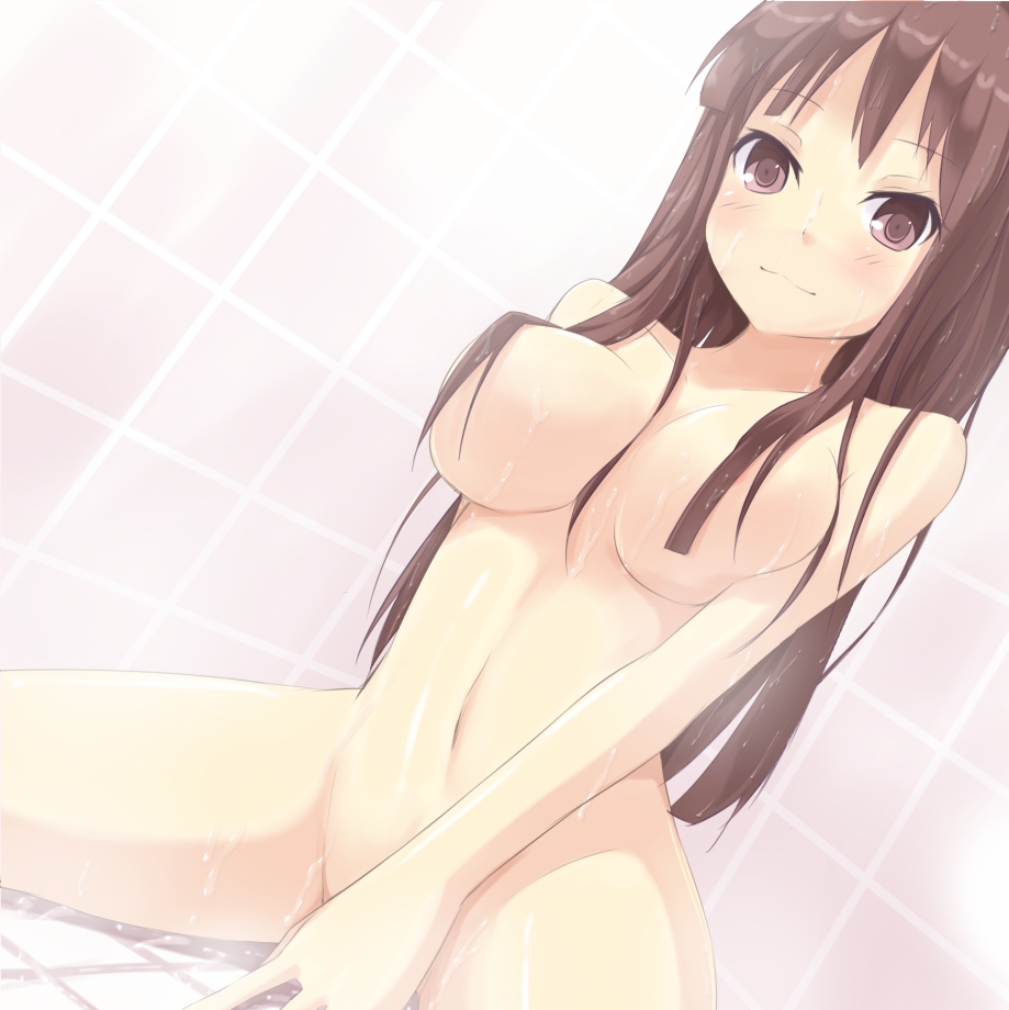 bathroom breasts brown_eyes brown_hair censored convenient_censoring covering covering_crotch hair_over_breasts kuro_(be_ok) long_hair minitesu navel nude original original_character sitting smile solo spread_legs wet