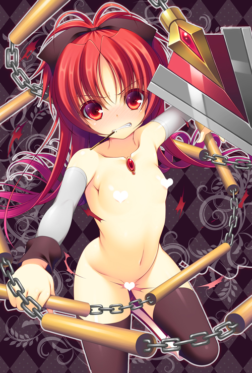 1girl angry asami_asami black_legwear blush censored chain chains clenched_teeth collarbone detached_sleeves kyouko_sakura long_hair looking_at_viewer magical_girl mahou_shoujo_madoka_magica naked_thighhighs novelty_censor nude petite pocky polearm ponytail red_eyes red_hair sakura_kyouko solo spear teeth thighhighs torn_clothes weapon welp