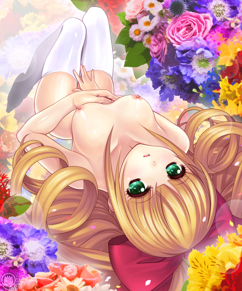1girl aiba_ruri blonde_hair boots bow breasts curly_hair flower green_eyes high_heels long_hair nipples nude pink_rose ribbon rose sacred_seven saeki_takashi shoes solo source_request stockings thighhighs