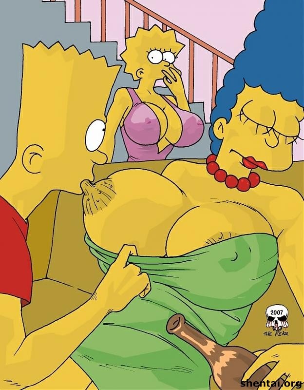 1boy 2girls alcohol bart_simpson blue_hair breasts female huge_breasts incest large_breasts lisa_simpson male marge_simpson mother_and_son nipple_suck pearls shentai sleeping the_fear the_simpsons yellow_skin