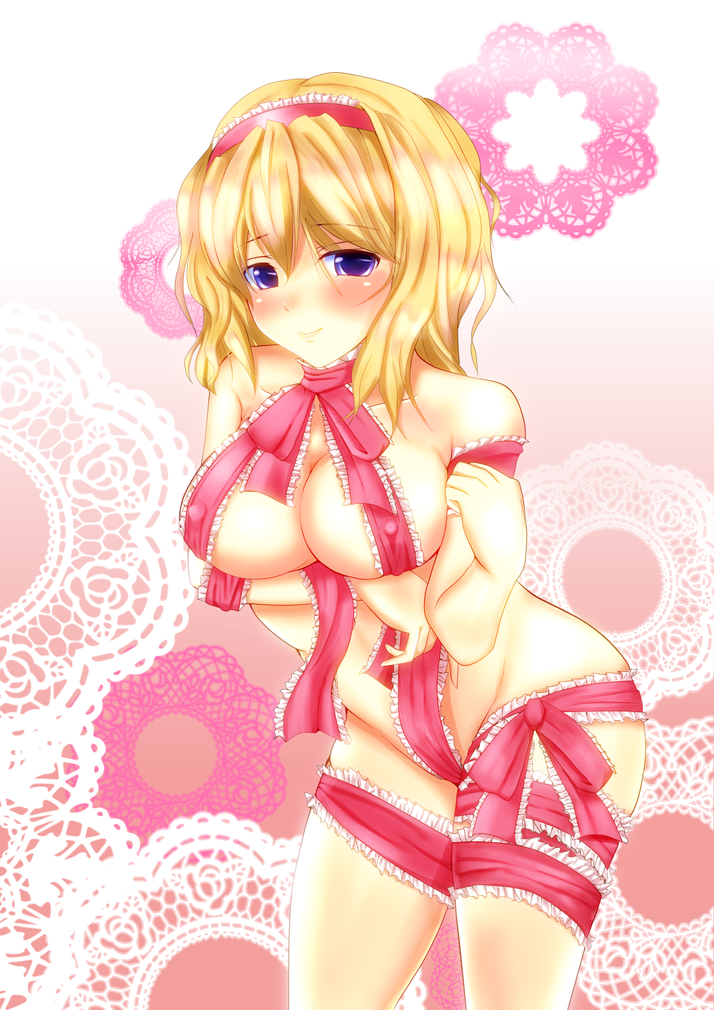 1girl alice_margatroid bad_id bare_shoulders big_breasts blonde_hair blush breasts cleavage dd139 erect_nipples female groin handley high_res highres large_breasts mound_of_venus naked_ribbon nude pink_background purple_eyes ribbon short_hair simple_background smile solo touhou waado_(shissouheki)