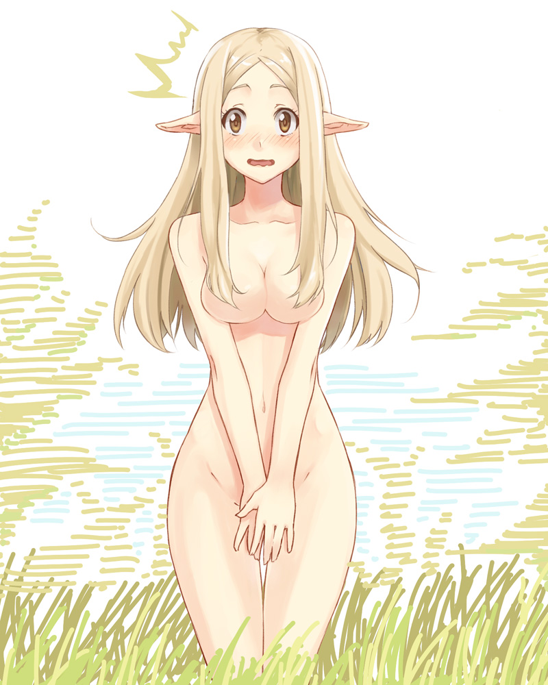 /\/\/\ 1girl blonde_hair blush breasts brown_eyes censored collarbone convenient_censoring covering covering_crotch elf embarrassed face getsumen hair_over_breasts hands hips long_hair nude nude_cover original pointy_ears solo surprised wavy_mouth wide_hips