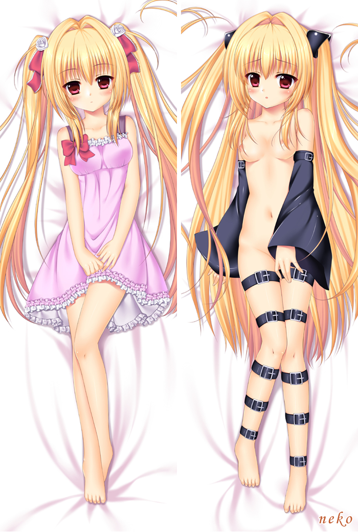 1girl :o bare_legs bare_shoulders barefoot blonde_hair blush bow breasts casual censored collarbone convenient_censoring dakemakura-koubou dakimakura detached_sleeves dress feet golden_darkness hair_intakes hair_ornament hair_ribbon knees_together_feet_apart konjiki_no_yami legs long_hair looking_at_viewer lying multiple_views navel neko_(dakemakura) nipples no_panties nude on_back open_\m/ parted_lips red_eyes ribbon small_breasts thigh_strap to_love-ru toes toloveru twin_tails twintails two_side_up undressing very_long_hair