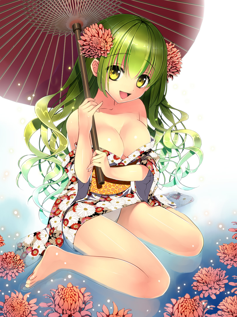 1girl :d bad_id bare_legs bare_shoulders barefoot big_breasts breasts cleavage floral_print flower green_hair hair_flower hair_ornament happy large_breasts legs long_hair off_shoulder open_mouth oriental_umbrella original panties pantyshot pantyshot_(sitting) pantyshot_sitting partially_submerged sitting smile solo thighs umbrella underwear wariza water wavy_hair white_panties yadapot yellow_eyes