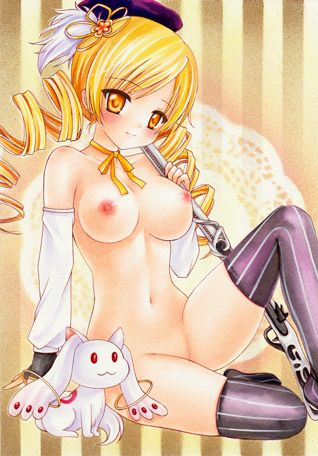 1girl :3 arm_support beret biglove blonde_hair blush detached_sleeves drill_hair fingerless_gloves gloves gun hat kyubey light_smile magical_girl mahou_shoujo_madoka_magica mami_tomoe marker_(medium) neck_ribbon nipples nude ribbon rifle sitting stockings striped striped_background thighhighs tomoe_mami traditional_media twin_drills twintails weapon yellow_eyes