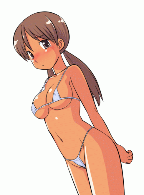 1girl animated animated_gif arms_behind_back bangs bikini blush bouncing_breasts breasts brown_eyes brown_hair cursor dutch_angle futaba_channel gif hidoi hinemosu hinemosu_notari looking_at_viewer low_twintails micro_bikini mouse_pointer navel nijiura_maids shiny shiny_skin simple_background solo swimsuit tan twin_tails twintails white_background white_bikini white_swimsuit