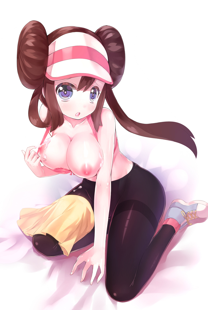 1girl :o big_breasts blue_eyes blush bra breasts brown_hair cum cum_in_mouth cum_on_body cum_on_breasts cum_on_upper_body double_bun female_protagonist_(pokemon_bw2) high_res highres kneel kneeling large_breasts lingerie long_hair mei_(pokemon) nipples pantyhose pokemon pokemon_(game) pokemon_bw2 ririko_(zhuoyandesailaer) shoes sneakers solo thighband_pantyhose topless twin_tails twintails underwear visor_cap zhuoyandesailaer