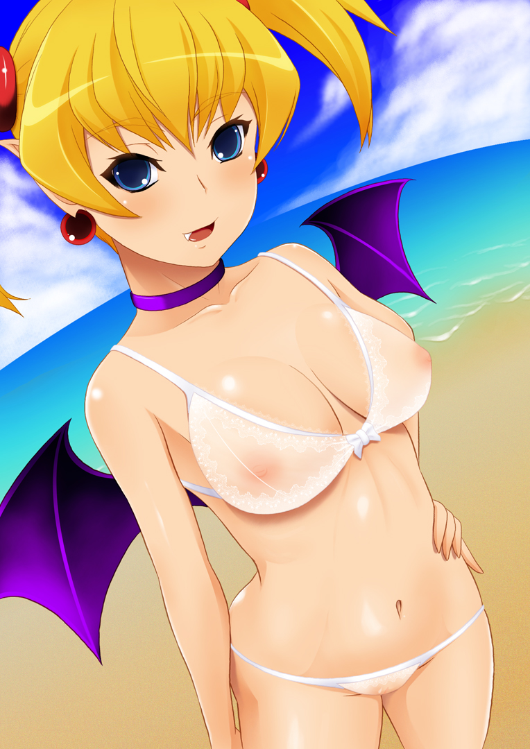 1girl @ma? aq_interactive arcana_heart atlus bat_wings big_breasts bikini blonde_hair blue_eyes blush bra breasts choker cleavage cloud demon_girl dutch_angle earrings examu fang hand_on_hip hips jewelry large_breasts lilica_felchenerow lingerie looking_at_viewer medium_breasts navel nipples ocean open_mouth pointy_ears see-through see-through_swimsuit short_hair short_twintails sky smile solo swimsuit tomatto_(@ma!) twin_tails twintails uncensored underwear water wings