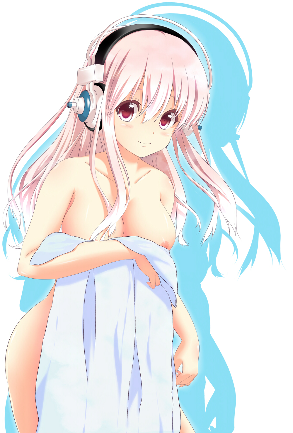 1girl bad_id blush breasts headphones high_res highres kotonoha_zaja long_hair naked_sheet nipples nitroplus nude pink_hair red_eyes shadow simple_background smile solo super_sonico towel white_background