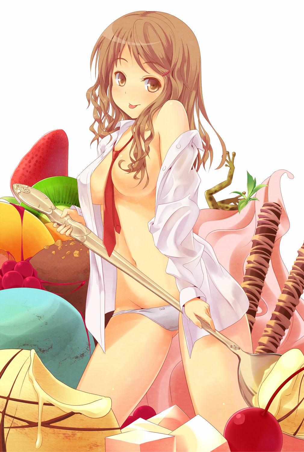 1girl :p breasts brown_eyes brown_hair censor_hair censored cherry_(fruit) convenient_censoring dress_shirt food frog fruit girl_in_food groin hair_censor hair_ornament hair_over_breasts hairclip high_res highres ice_cream in_food long_hair minigirl mound_of_venus neck_tie necktie open_clothes open_shirt original oversized_object panties shirt solo spoon strap_slip strawberry supertie tongue tongue_out undersized_person underwear wavy_hair white_shirt