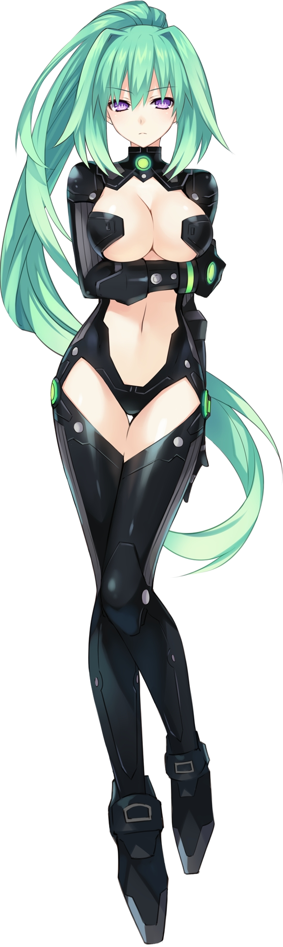 1girl alternate_costume bodysuit breast_hold breasts choujigen_game_neptune cleavage compile_heart green_hair green_heart high_res highres idea_factory kami_jigen_game_neptune_v large_breasts long_hair navel neptune_(series) official_art ponytail purple_eyes revealing_clothes solo stockings symbol-shaped_pupils thighhighs transparent_background tsunako vert very_long_hair