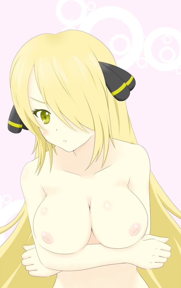 1girl angry arm arms art babe bad_id bare_arms bare_shoulders big_breasts blonde_hair blush breast_hold breasts bust cleavage collarbone crossed_arms cynthia hair_ornament hair_over_one_eye long_hair nintendo nipples nude pokemon pokemon_(anime) pokemon_(game) pokemon_dppt serious shirona_(pokemon) shy upper_body yellow_eyes yuzuha_(hm-a06)