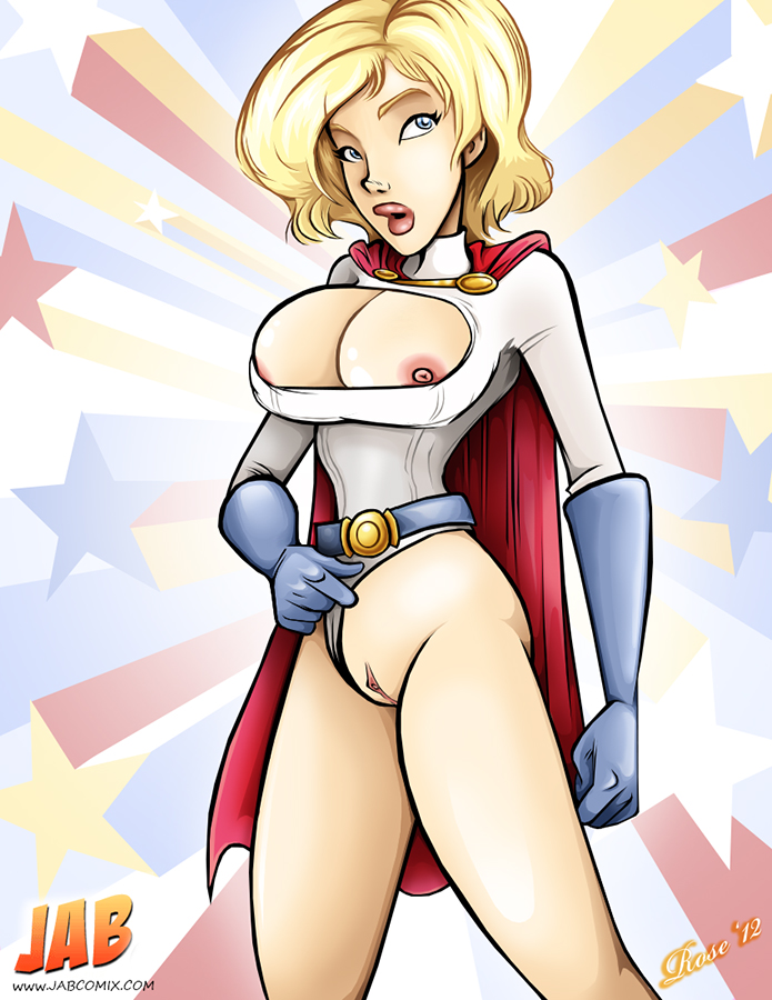 1girl blonde_hair blue_eyes breasts cape cleavage dc_comics female_only gloves hairless_pussy jab jabcomix lipstick nipples no_panties power_girl pussy rosenrot short_hair solo_female