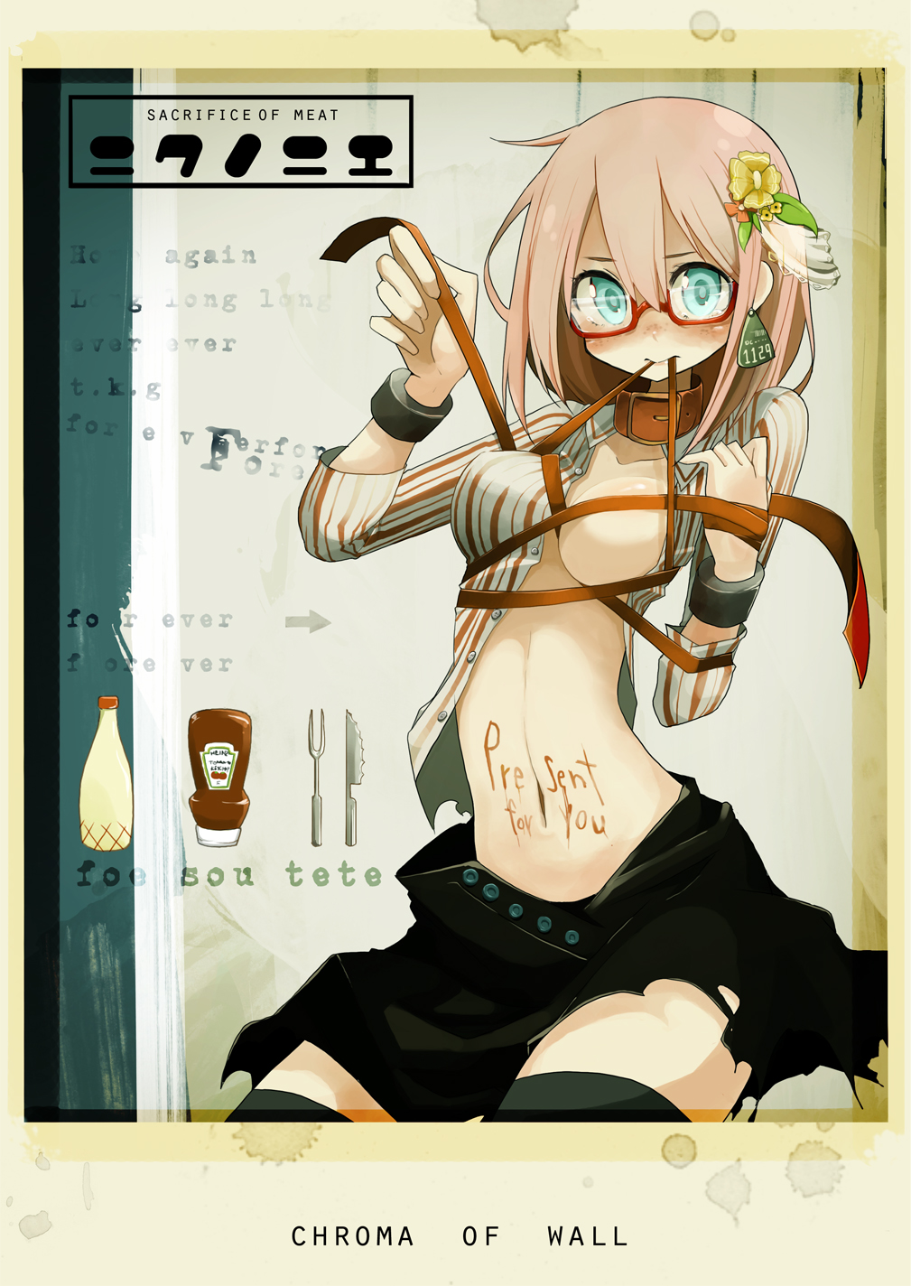 1girl aqua_eyes black_legwear body_writing breasts cleavage collar ear_tag english fork freckles glasses hair_ornament half_rim_glasses heinz high_res highres ketchup knife long_hair looking_at_viewer mouth_hold navel original pink_hair red-framed_glasses semi-rimless_glasses skirt solo stockings takagi_(tansuke) tansuke thighhighs