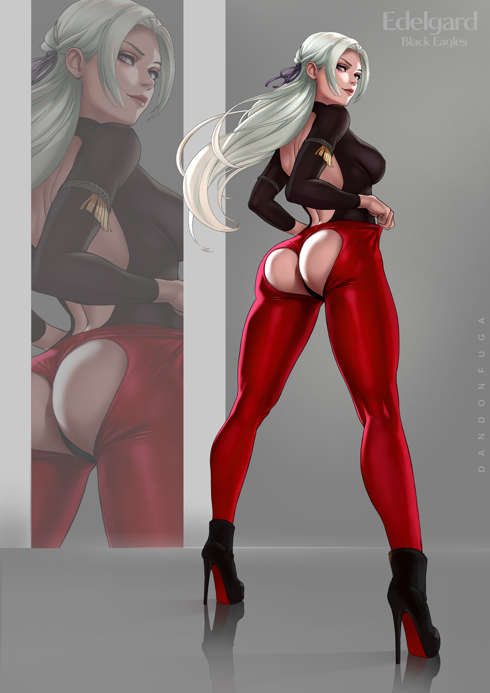1girl 1girl arched_back ass assless_chaps curvy dandon_fuga dat_ass edelgard_von_hresvelg female_focus female_only fire_emblem fire_emblem:_three_houses high_heels nintendo red_tights silver_hair solo_female solo_focus tagme thick video_game_character video_game_franchise wide_hips