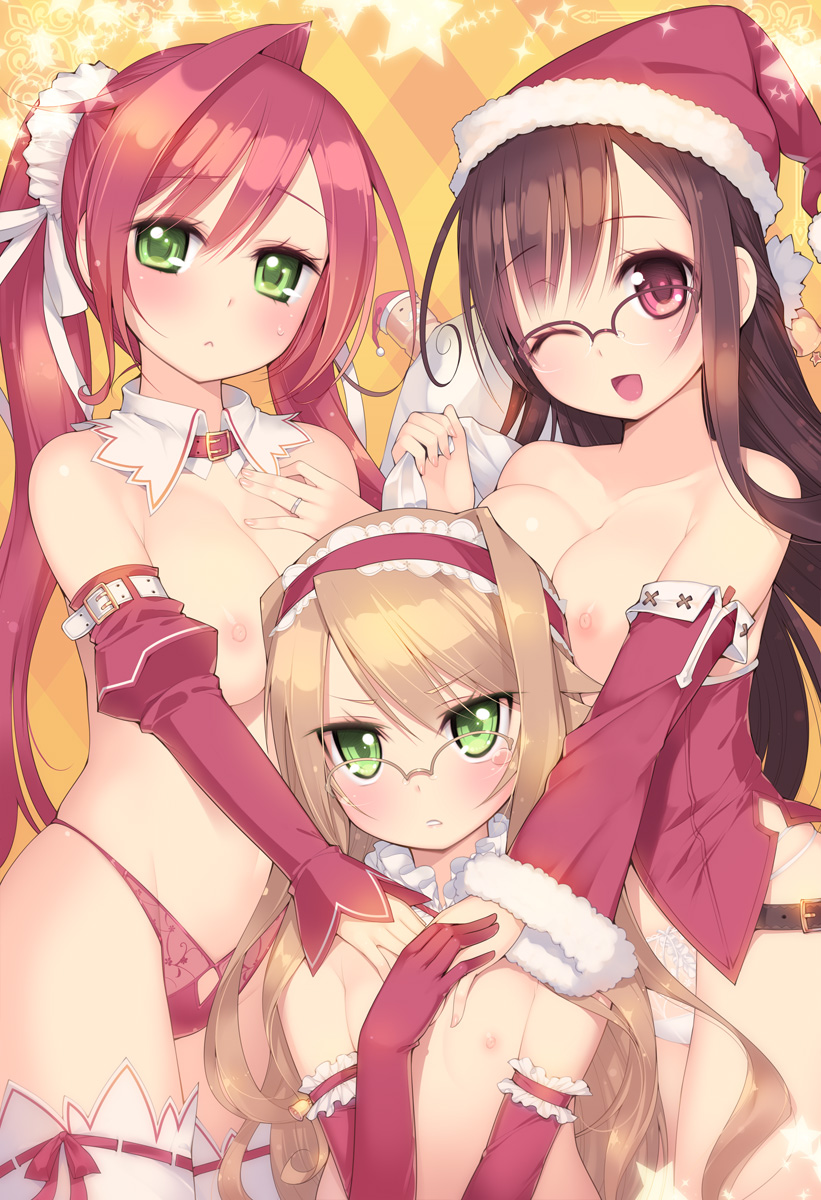 3girls :&lt; ;d age_difference arima_kanae arima_senka arima_senne bare_shoulders bell big_breasts blonde_hair blush breasts brown_hair christmas cleavage detached_collar detached_sleeves elbow_gloves female flat_chest girl_sandwich glasses gloves green_eyes hair hairband highres jewelry kashiwamochi_yomogi large_breasts long_hair mother_and_daughter multiple_girls nipples one_eye_closed open_mouth original panties pink_hair ponytail red_eyes red_gloves ring sandwiched santa_costume see-through siblings sisters small_breasts smile star stockings tears thighhighs topless underwear white_legwear wink yuri