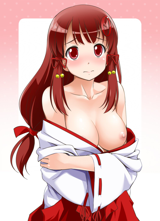 1girl 3: akai_yui bare_shoulders bell big_breasts blush breasts bust clothes_down hair_bell hair_ornament hair_ribbon japanese_clothes jingle_bell large_breasts long_hair low-tied_long_hair miko nipples nose_blush original original_character red_eyes red_hair ribbon solo undressing upper_body youkan