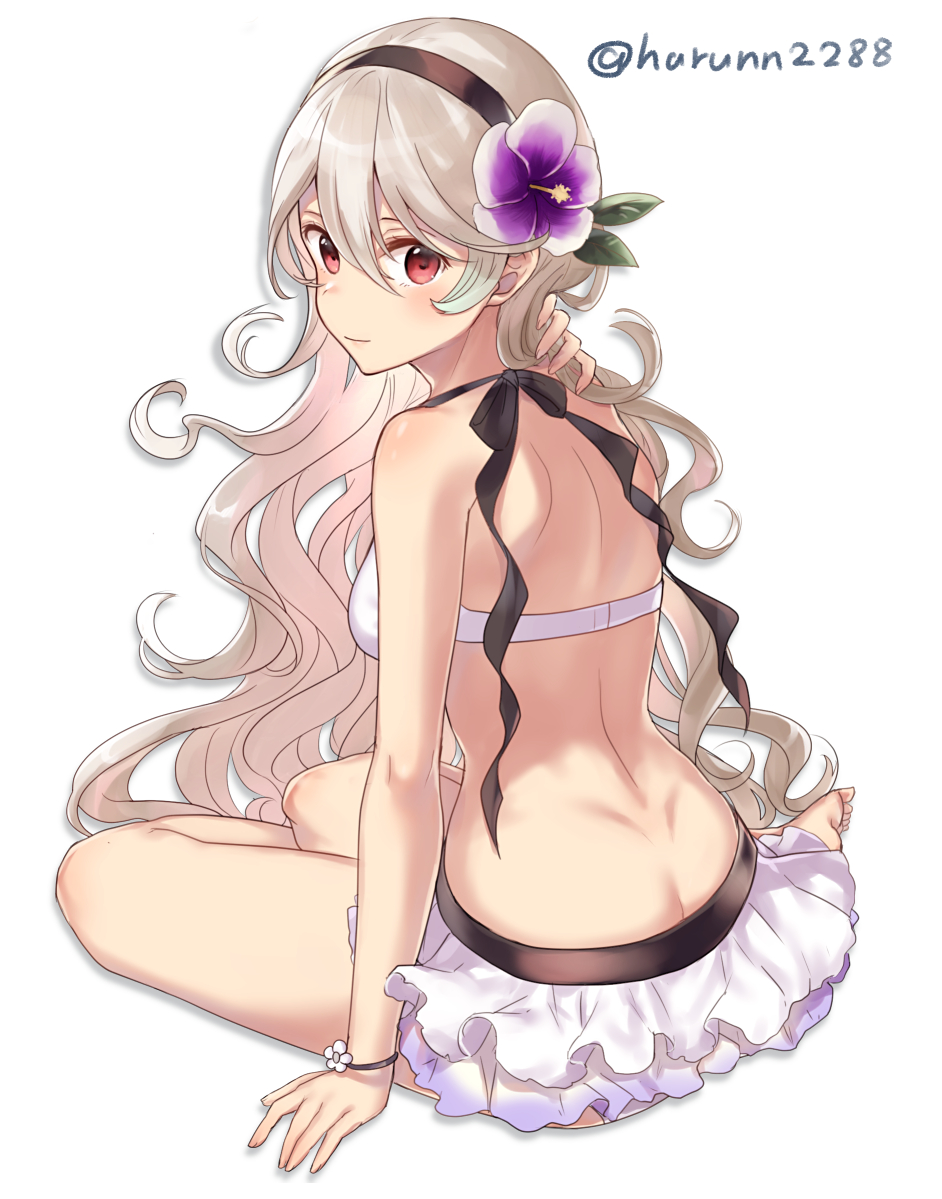 1girl alluring ass barefoot bikini black_hairband butt_crack closed_mouth corrin_(fire_emblem) corrin_(fire_emblem)_(female) dimples_of_venus female_focus fire_emblem fire_emblem_fates fire_emblem_heroes flower frilled_bikini frills from_behind hair_flower hair_ornament hairband haru_(nakajou-28) long_hair looking_at_viewer looking_back nintendo red_eyes simple_background sitting swimsuit twitter_username voluptuous white_background white_hair
